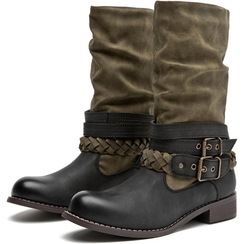 Women's Green SelRoys Mid-Calf Motorcycle Riding Boots Buckle Straps Pull-On - Picture 3 of 7